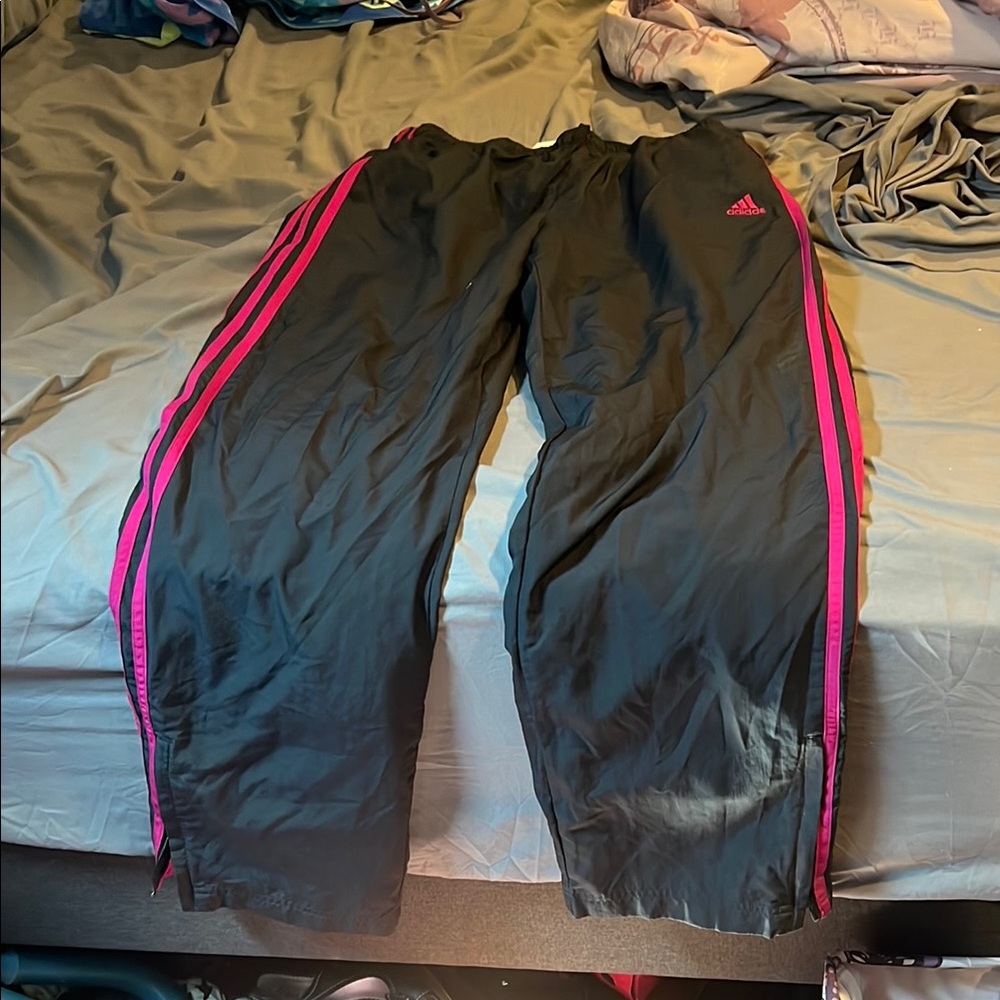 Adidas Kids Black Track Pants with Pink Stripes